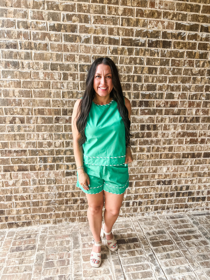 Green Two Piece Set with White Trim Detail | Entro