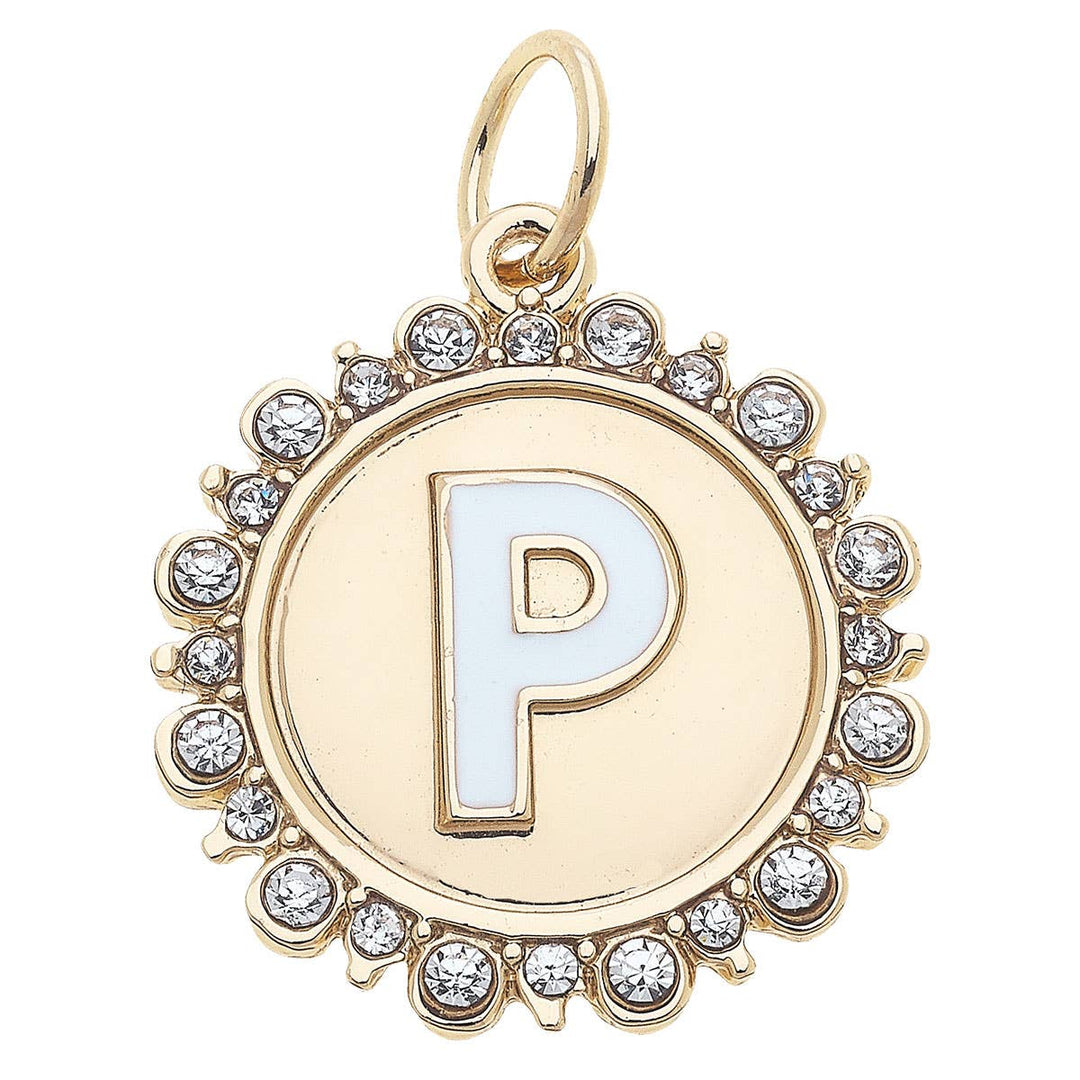 A gold-plated charm with the letter P initial surrounded by rhinestones.