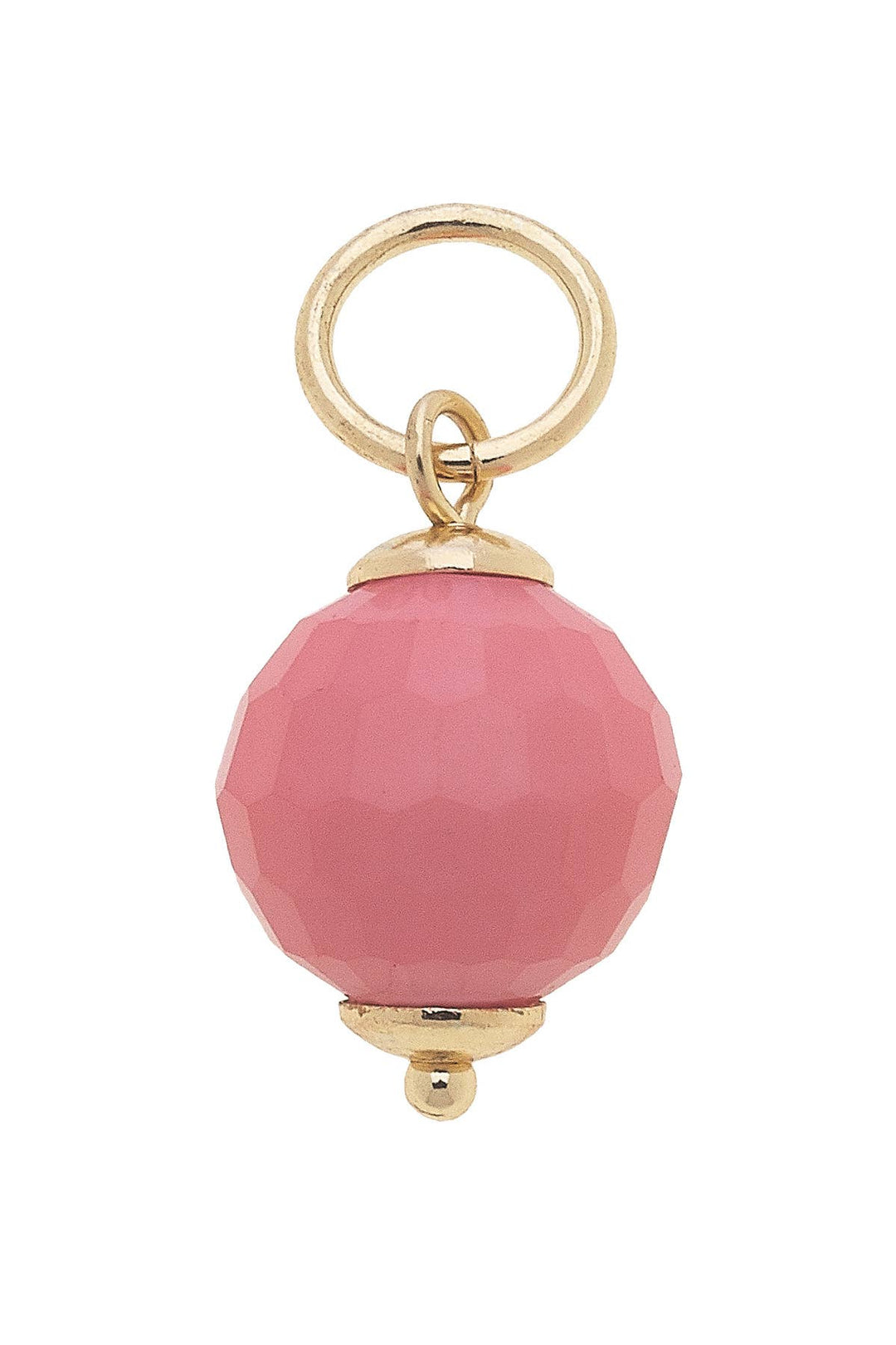 A pink, resin bead charm with a gold plating, designed to be attached to a bracelet or necklace.
