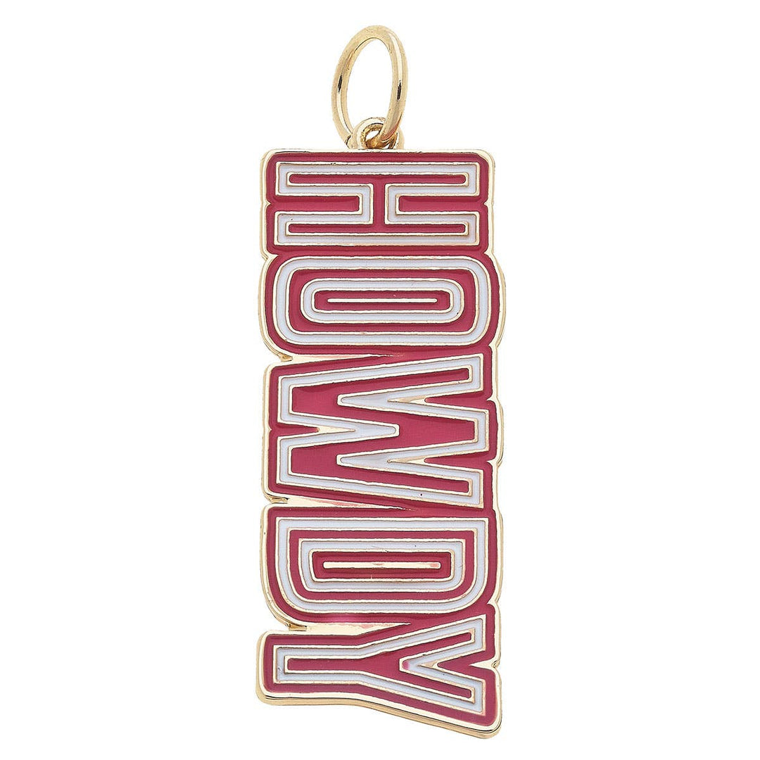 A pink and gold 'Howdy' enamel charm