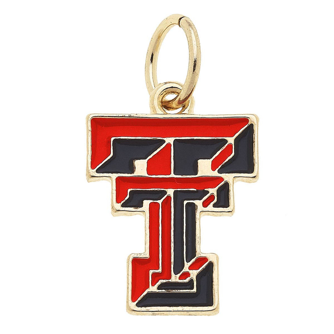 A Texas Tech Red Raiders enamel logo charm with a gold-plated edge and red and black colors.