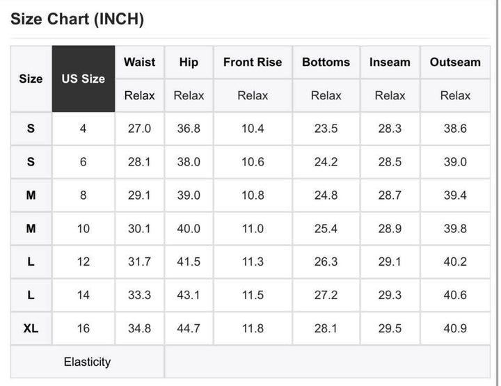 Size chart in inches for clothing measurements with US size labels.