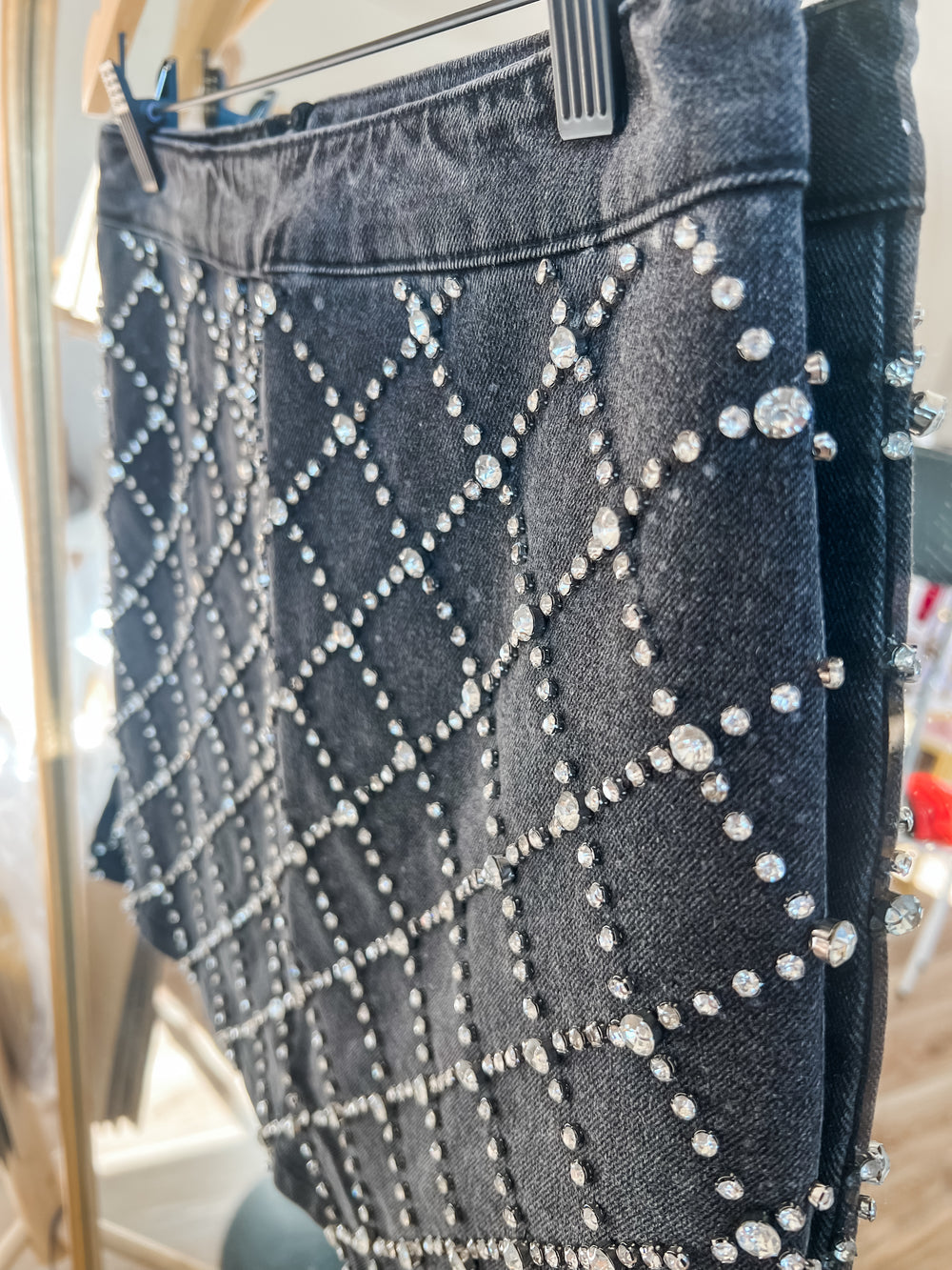 Black denim skirt with silver rhinestone embellishments