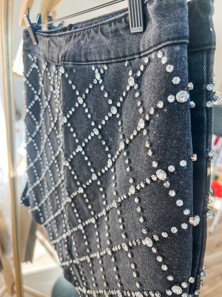 Black denim skirt with silver rhinestone embellishments