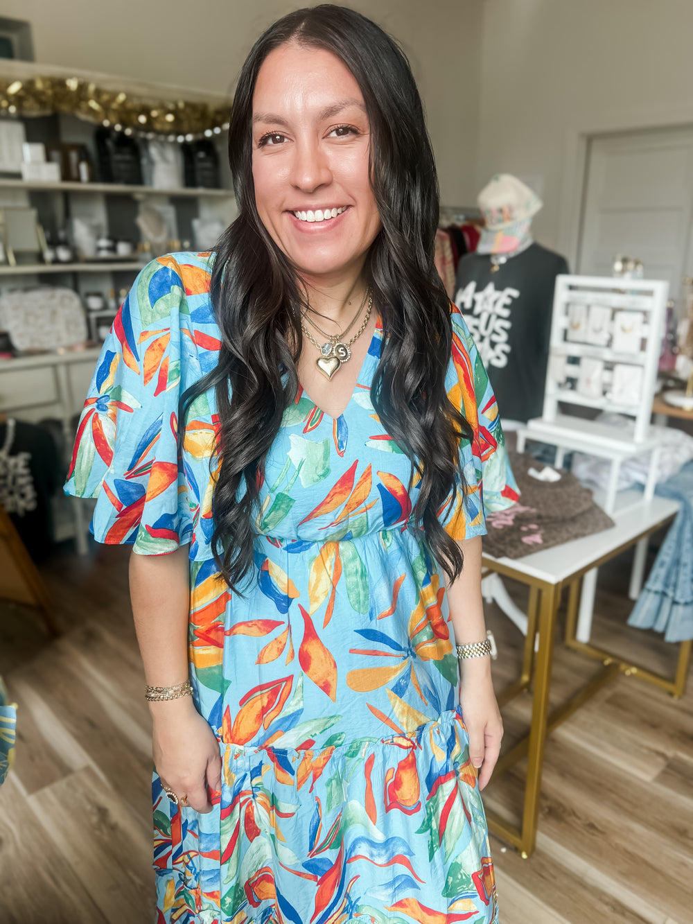 woman wearing a colorful spring summer dress