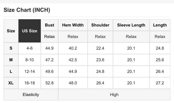 Size chart for clothing measurements in inches with US size labels.