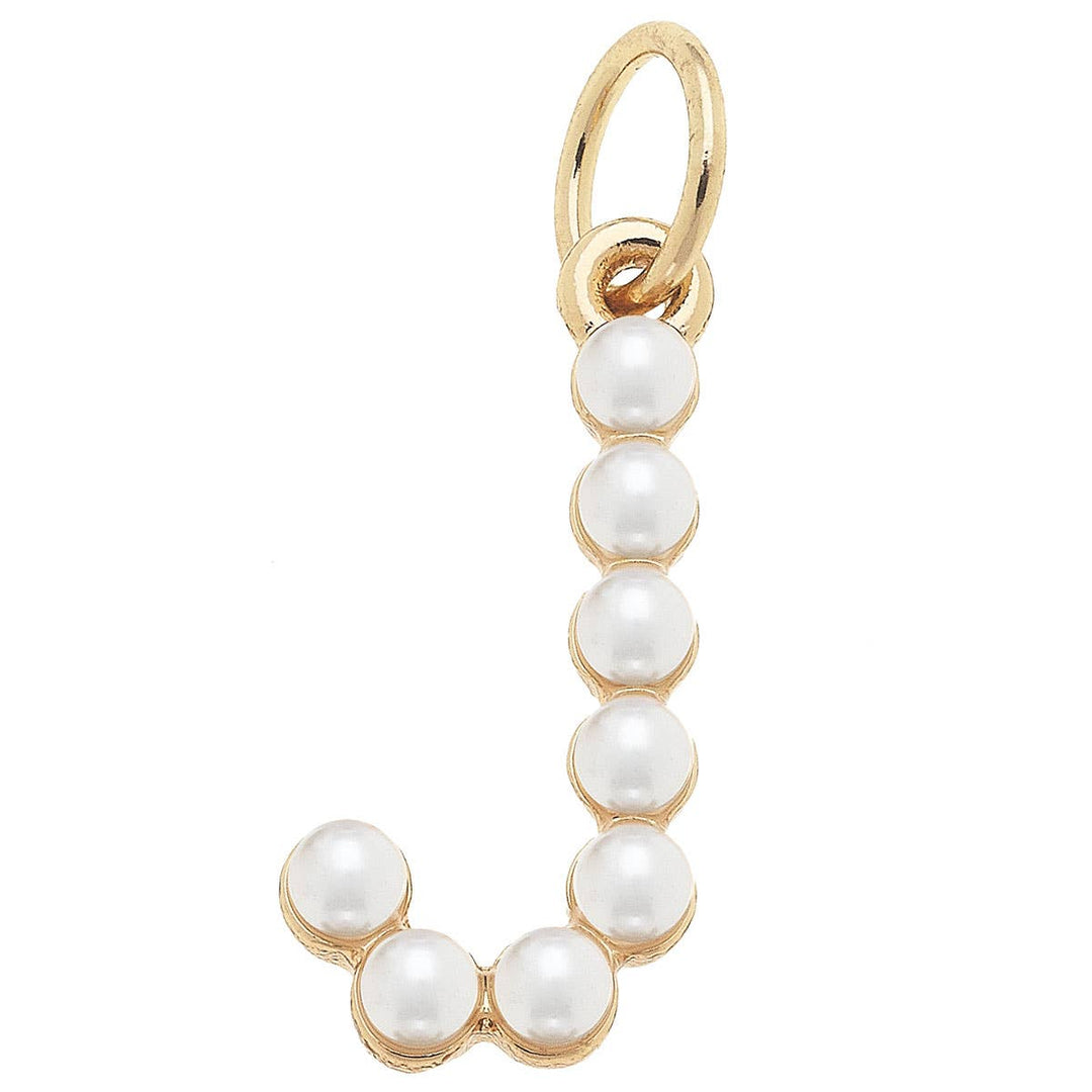 Gold "J' charm with pearls on a white background