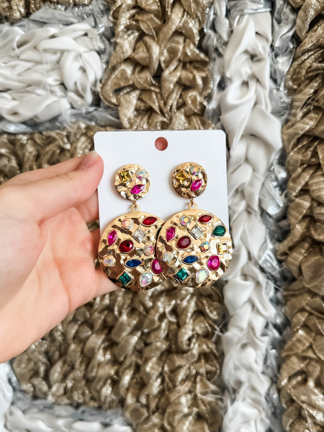 Gold hammered circle dangle earrings with jewels