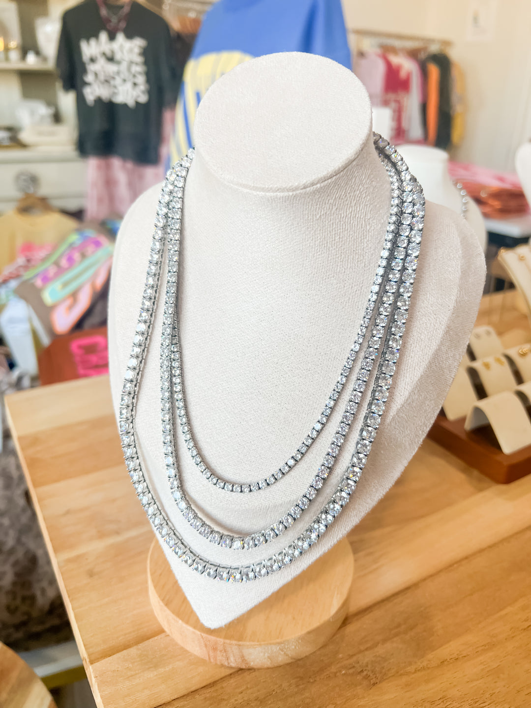 16, 18, and 20 inch silver tennis necklaces layered