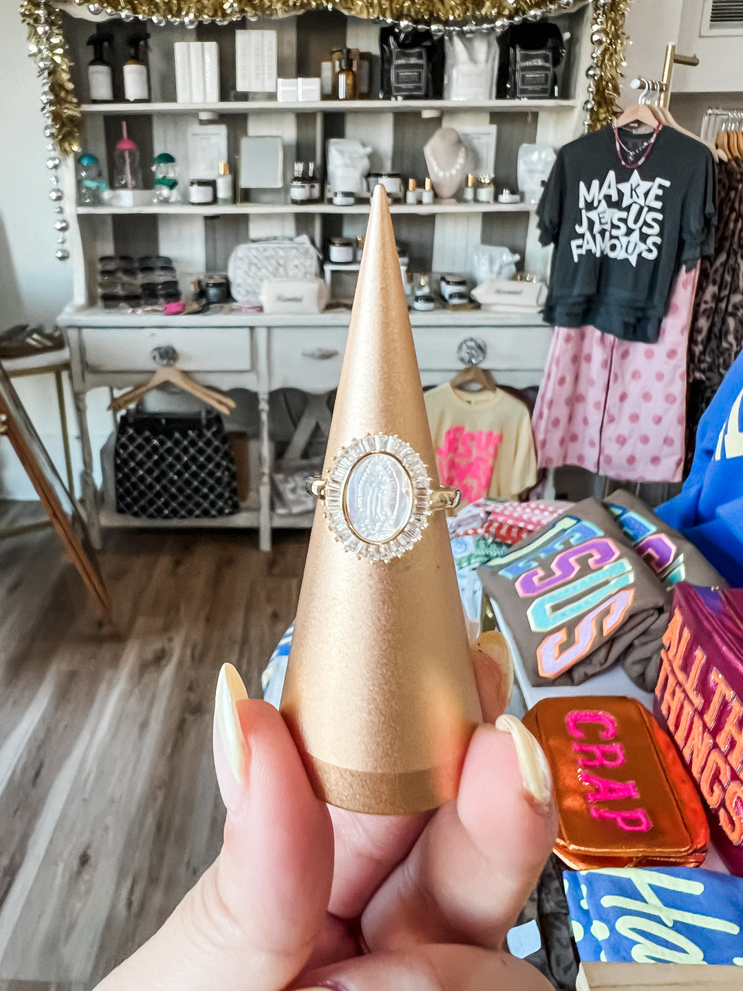 Gold band ring with Virgin Mary and embellished halo detail 