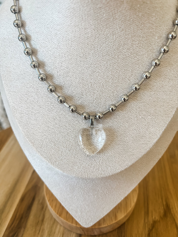 Silver Necklace with a clear heart pendant