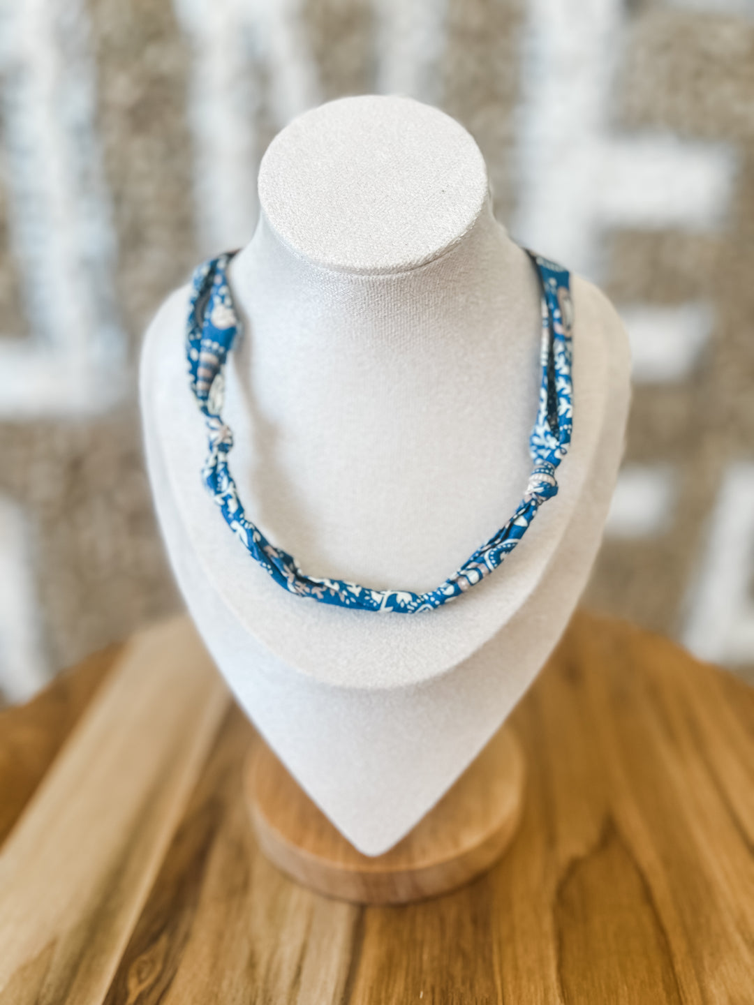 Blue floral-patterned scarf necklace 