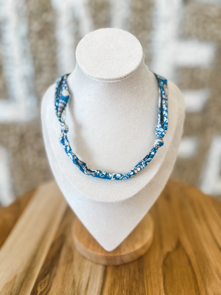 Blue floral-patterned scarf necklace 