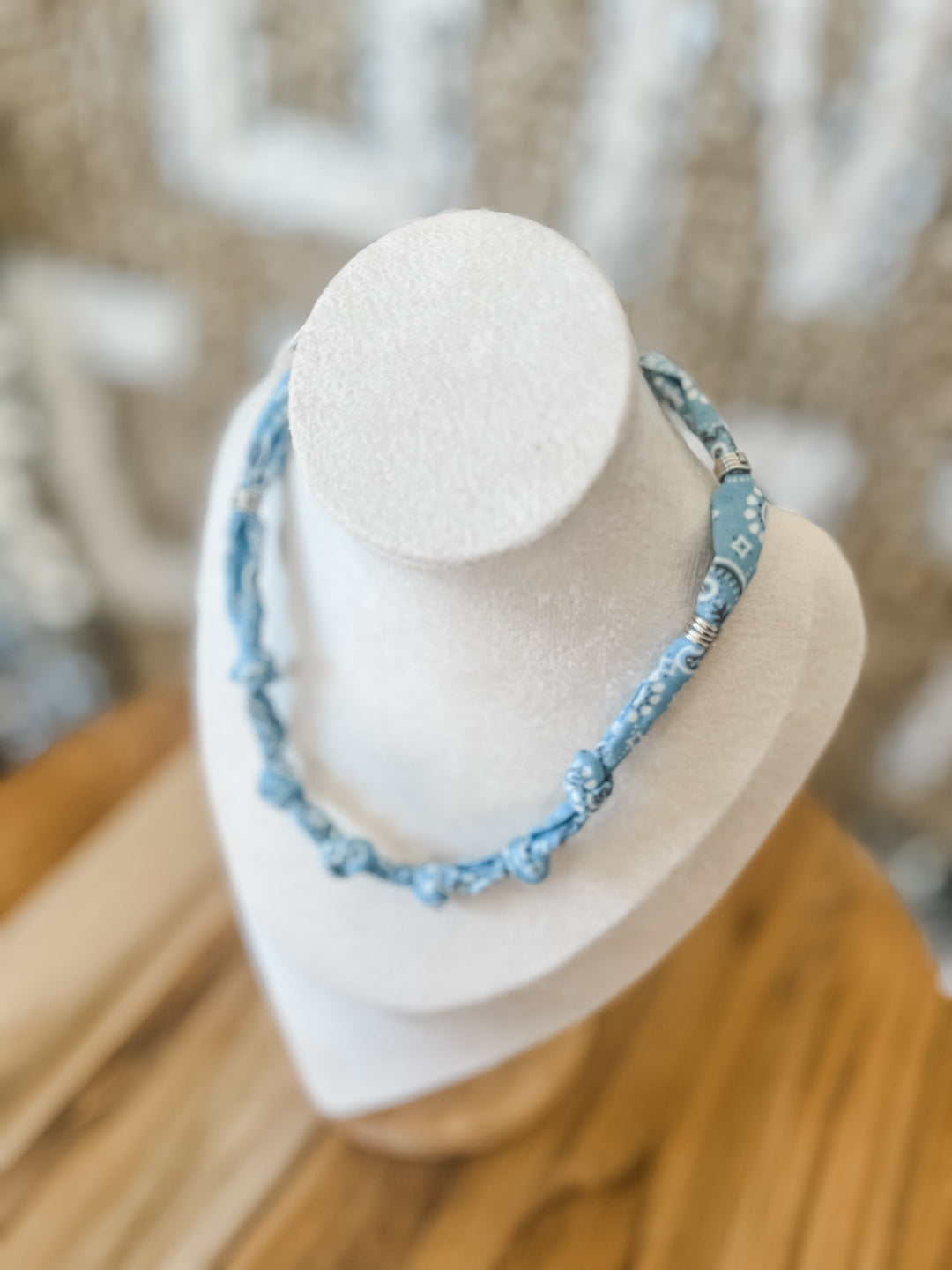 blue bandana necklace with silver accents