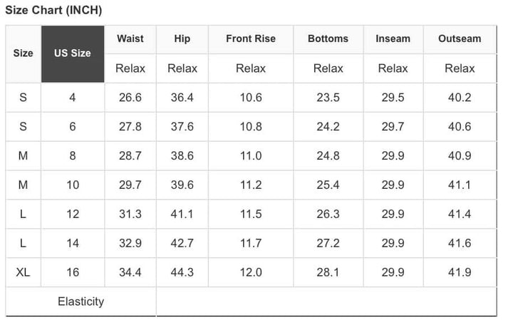 Size chart for pants in inches with US size labels
