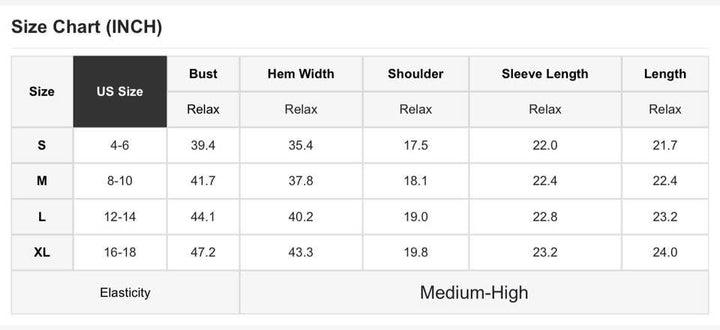 Size chart for clothing measurements in inches with US size labels.