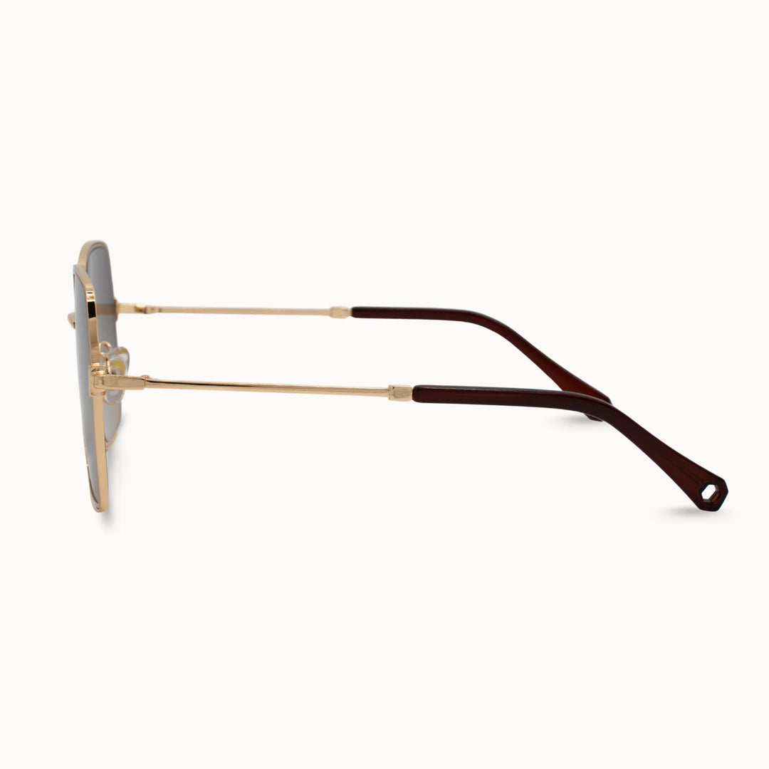 Gold frame sunglasses with brown accent ear piece