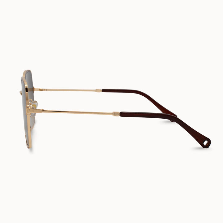 Gold frame sunglasses with brown accent ear piece