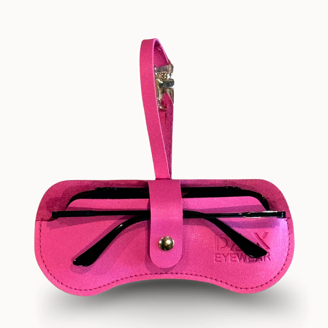Pink sunglasses case with a handle on a white background