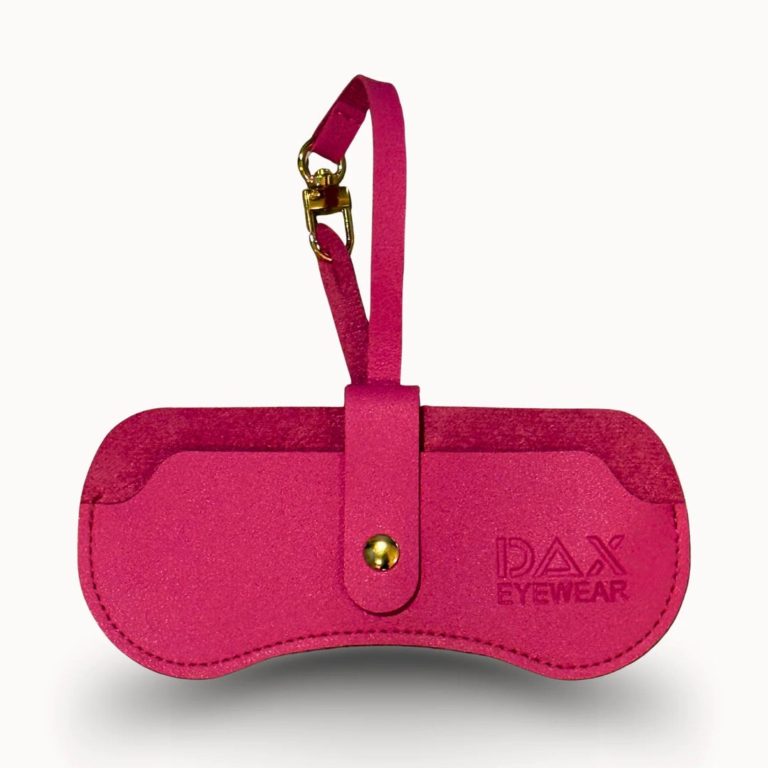 Pink eyewear case with gold accents and &