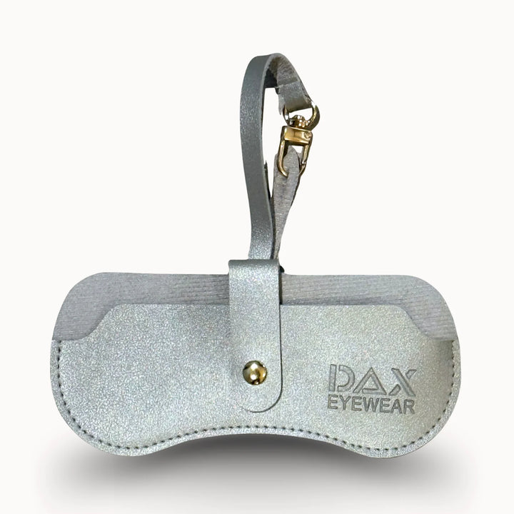 Silver glittery sunglasses case with a strap, featuring &