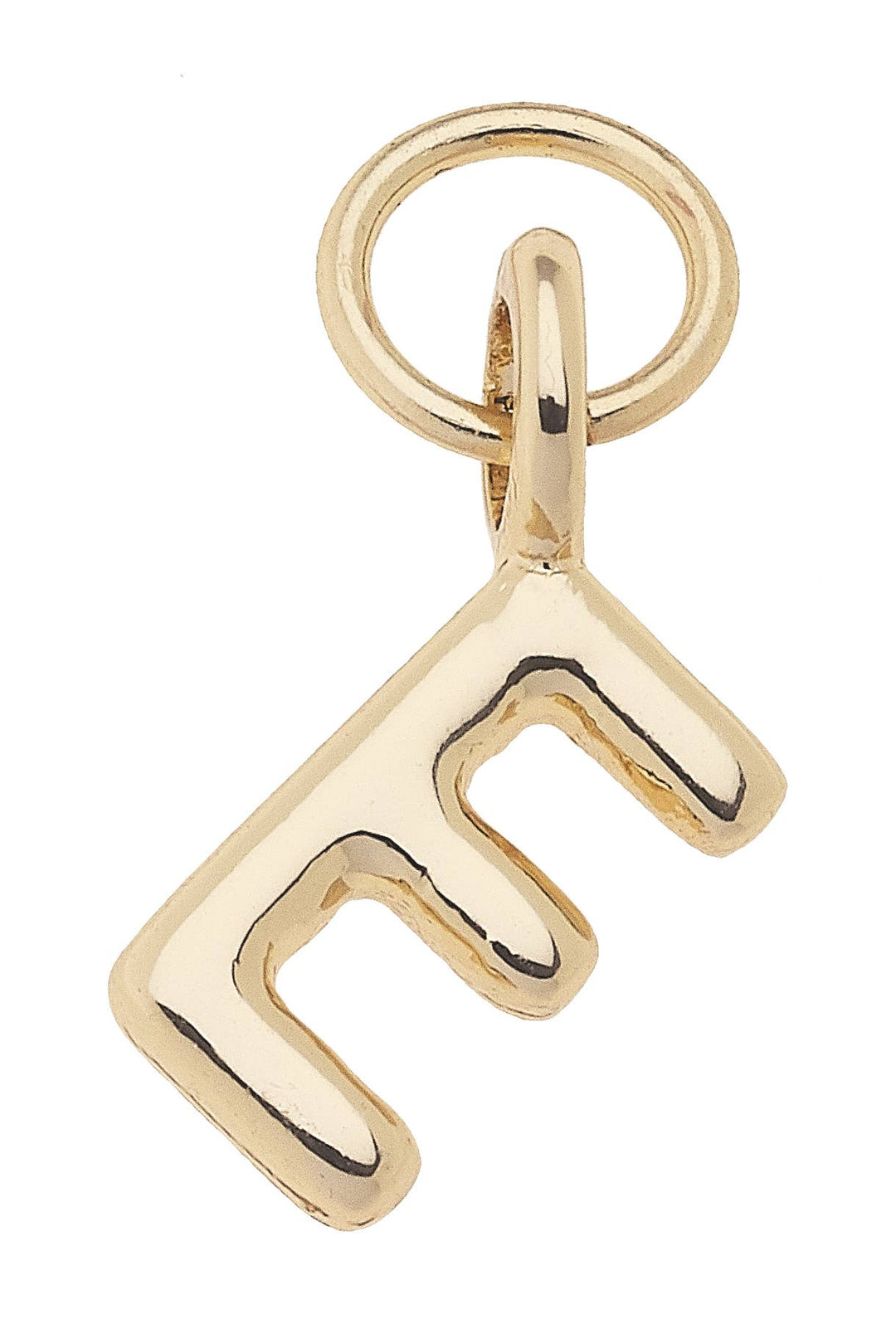 Gold letter 'E' pendant on a white background
