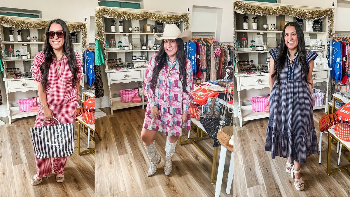 A three-panel collage showing a woman modeling three different outfits inside a boutique. On the left, she wears a red gingham matching set and holds a striped bag. In the middle she wears a multi colored tiered dress with multi color boots. On the right she wears a navy gingham midi dress with ruffle sleeves. 
