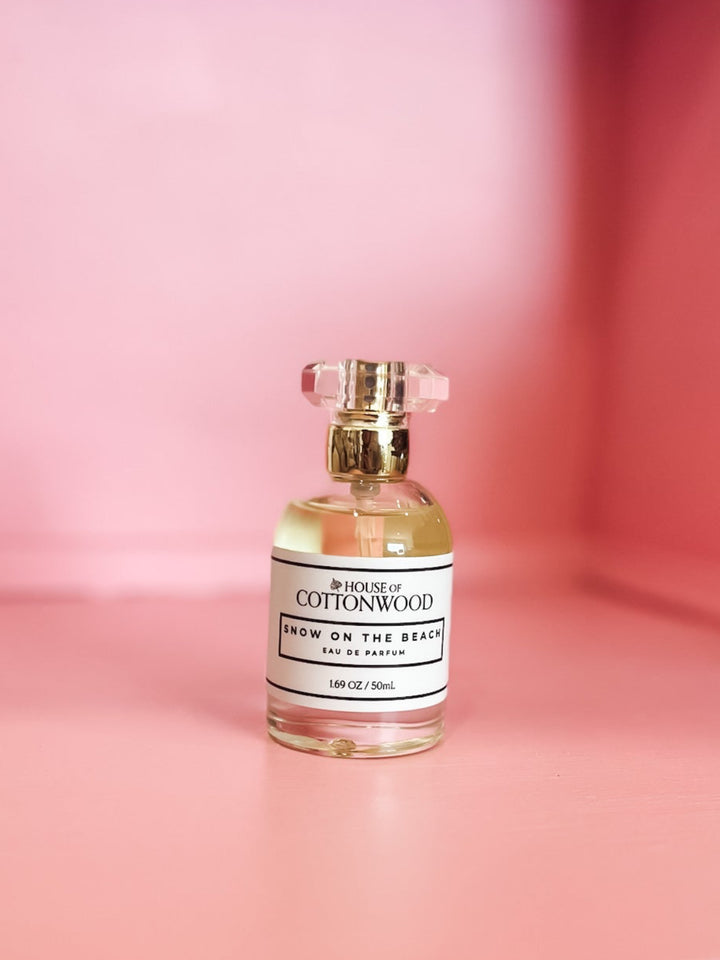 A small glass perfume bottle labeled &