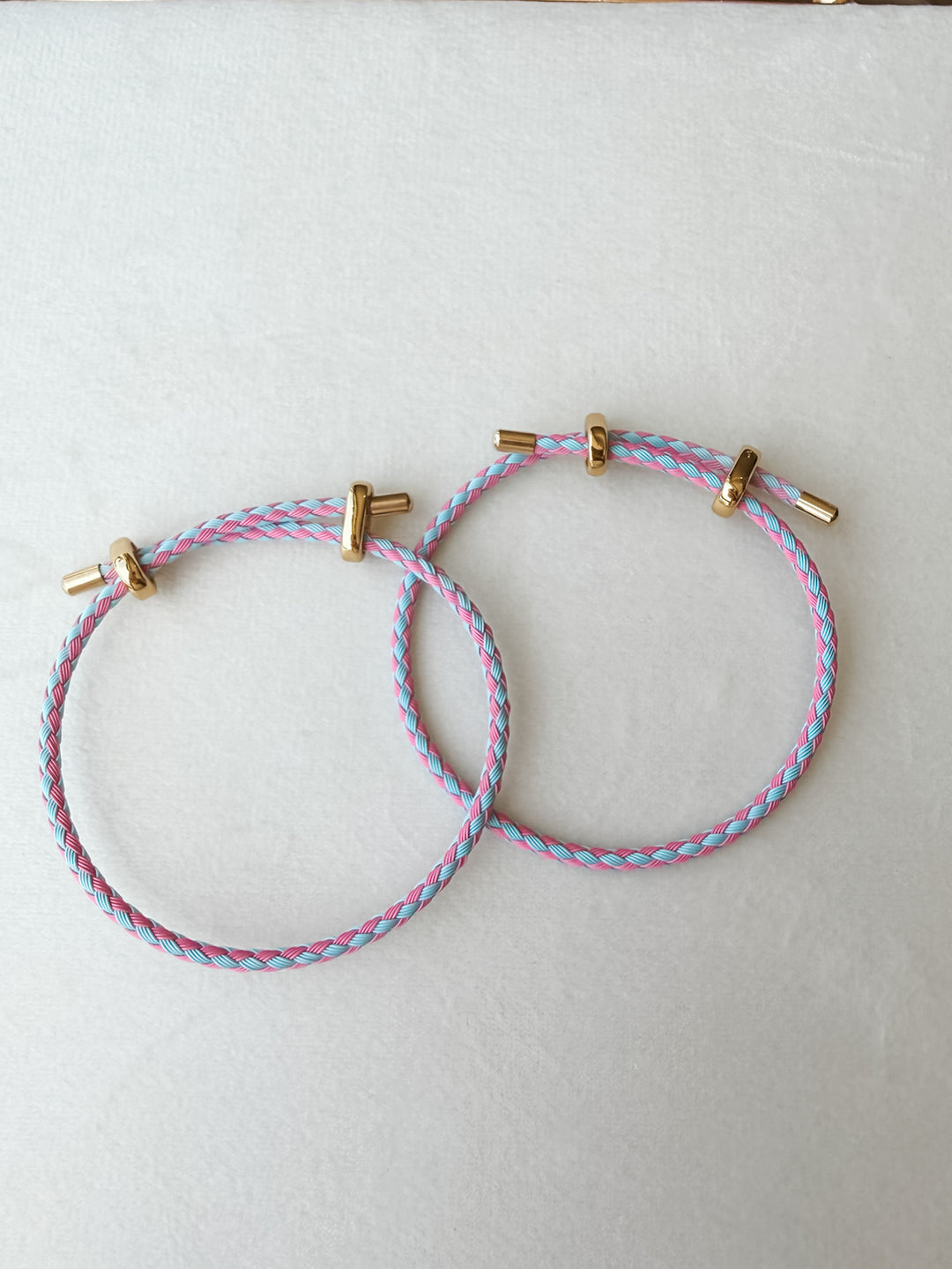 Two blue and pink adjustable paracord bracelet with gold accents