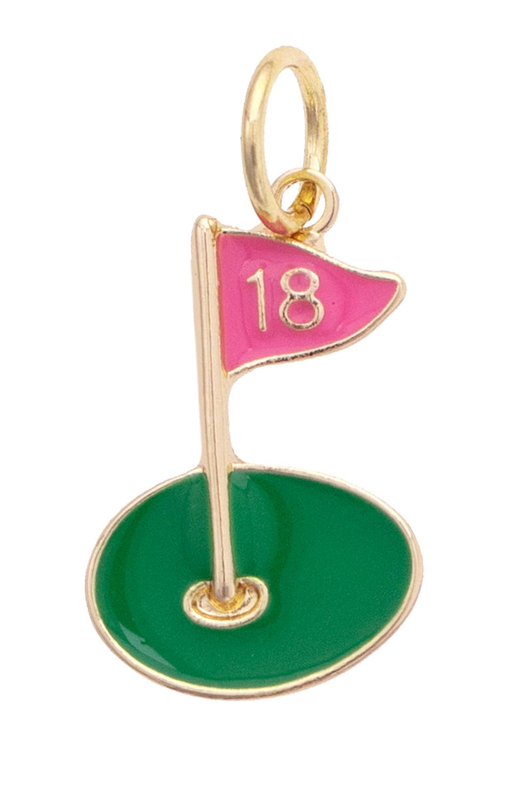 Gold charm shaped like a golf flag with a pink top and green base on a white background