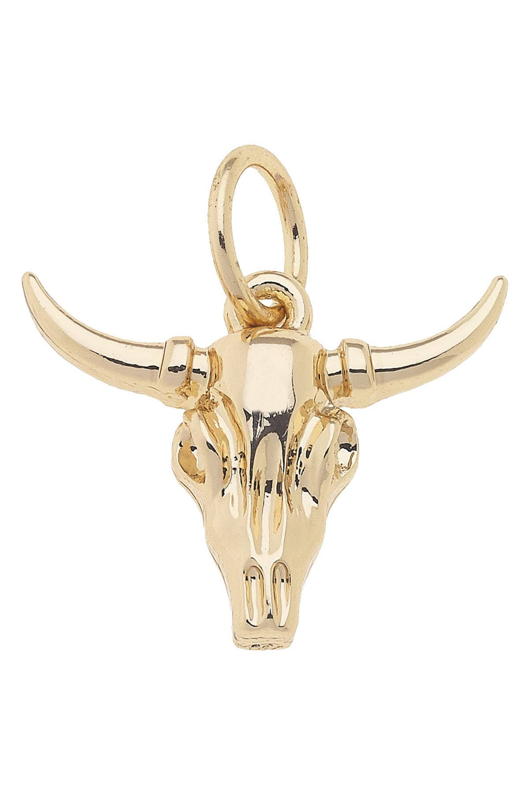 A shiny gold charm in the shape of a steer skull with horns facing forward.