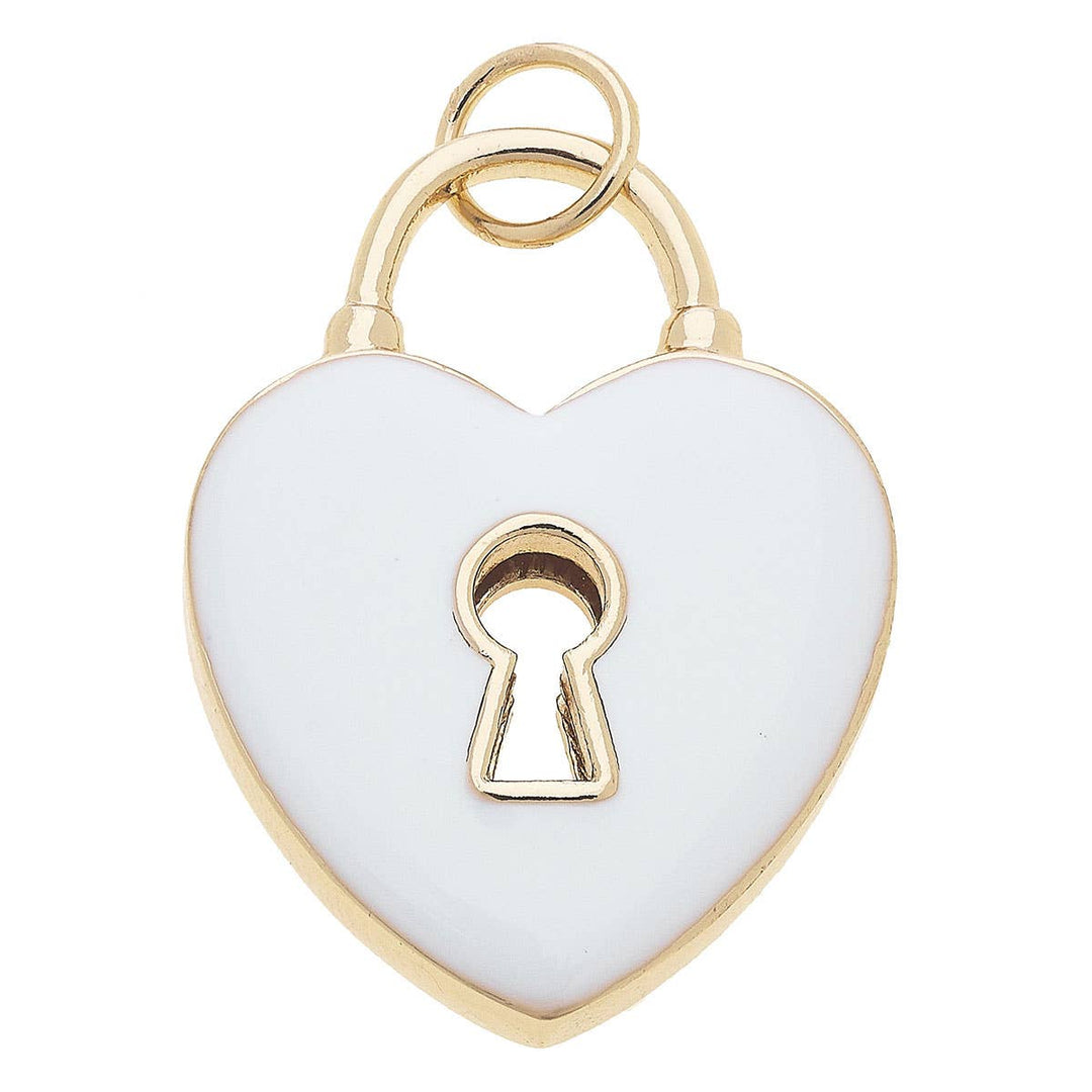 A heart-shaped enamel charm with a gold-plated padlock design on top, attached to a small gold-plated ring.