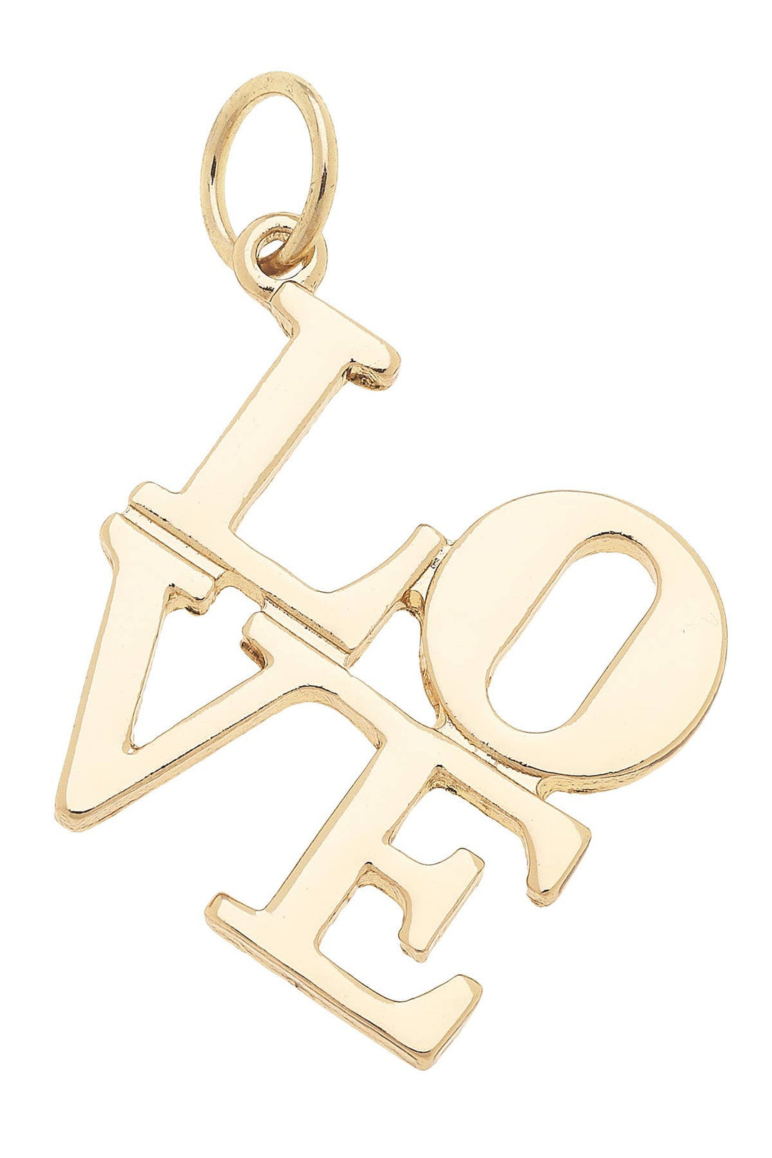A shiny gold charm with the word 'LOVE' stacked in a bold, modern font.