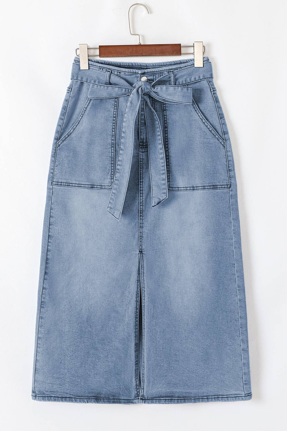 Light wash jean midi skirt
