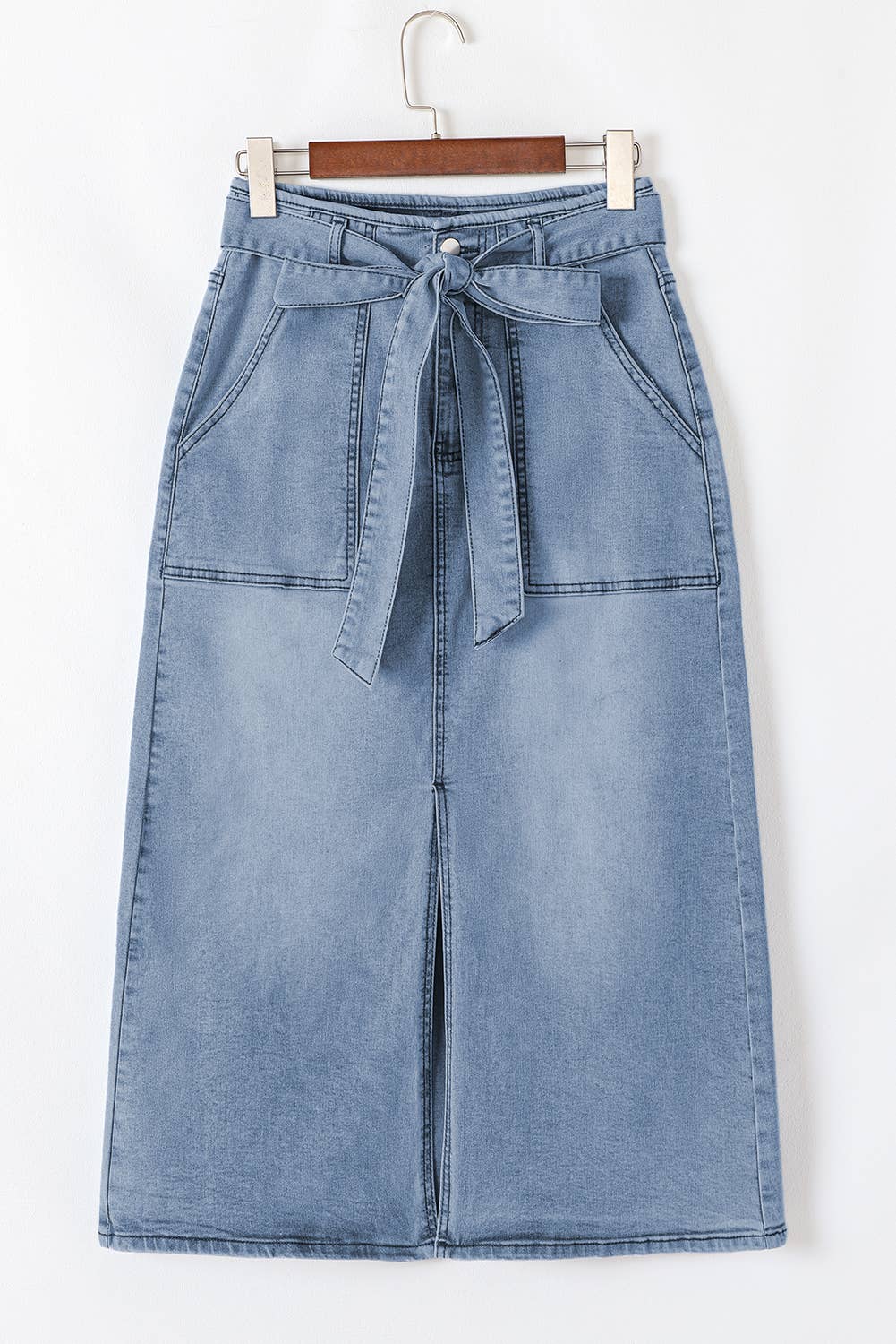 Light wash jean midi skirt