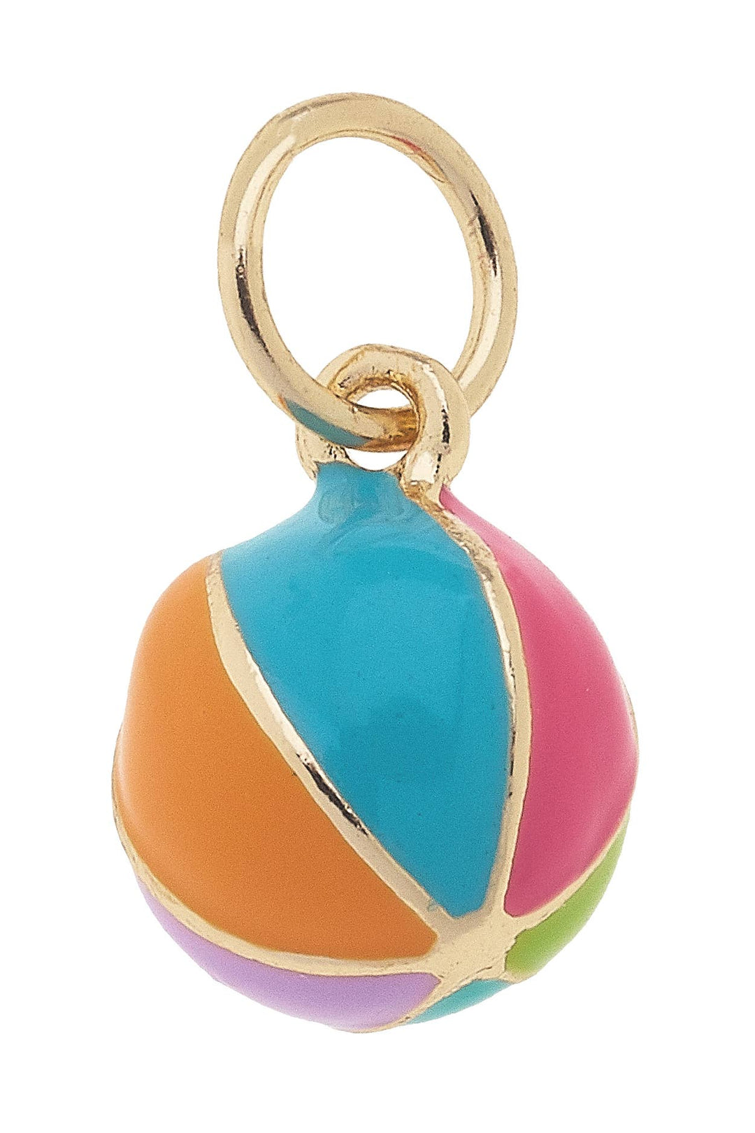 A colorful, three-dimensional beach ball charm with a shiny gold plating