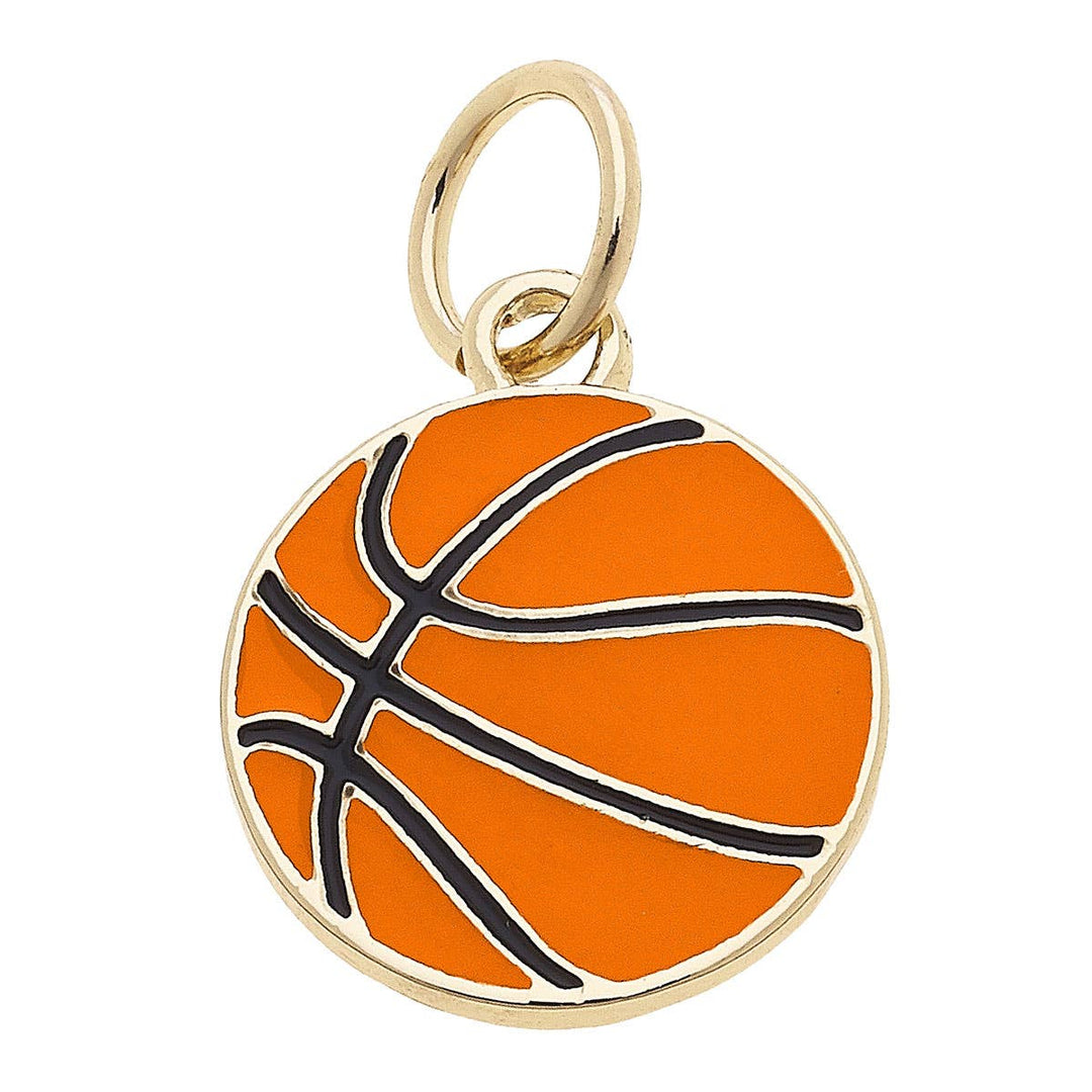 An orange and black basketball-shaped enamel charm with a gold plating and a loop for attachment.