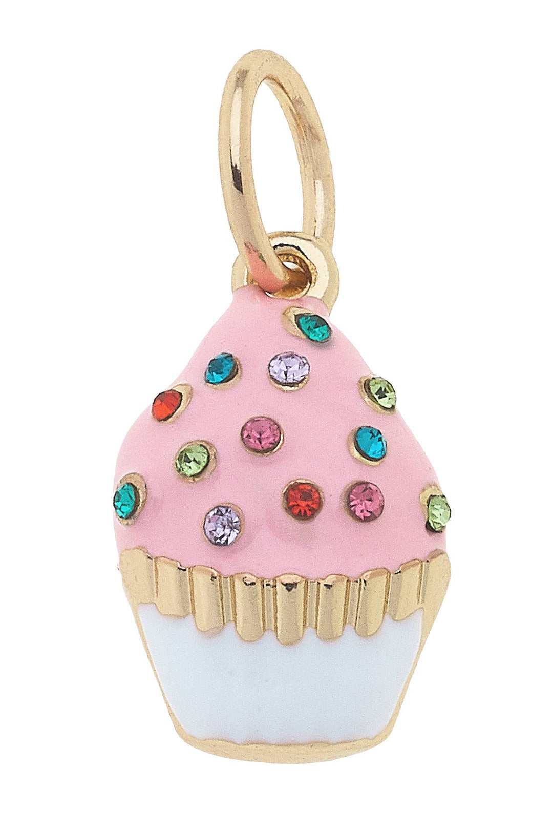 A bejeweled cupcake charm in light pink with gold plating and multicolored gems on top.