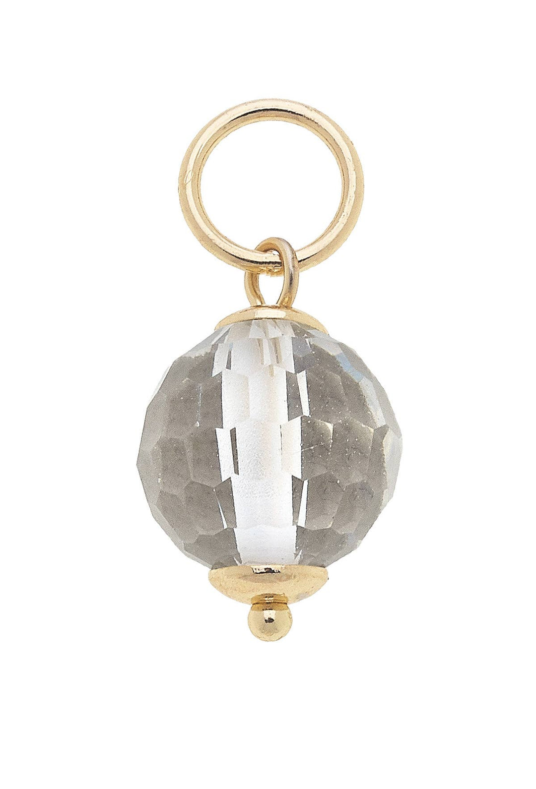 A clear resin bead charm with gold plating on the loop and bottom part of the charm.