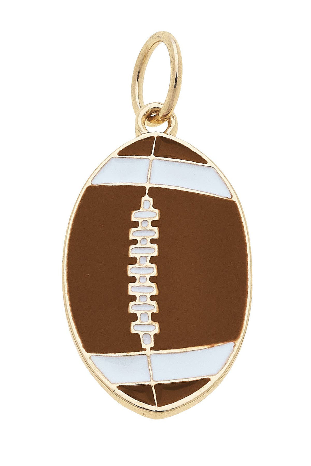 A gold-plated football-shaped enamel charm with brown and white colors