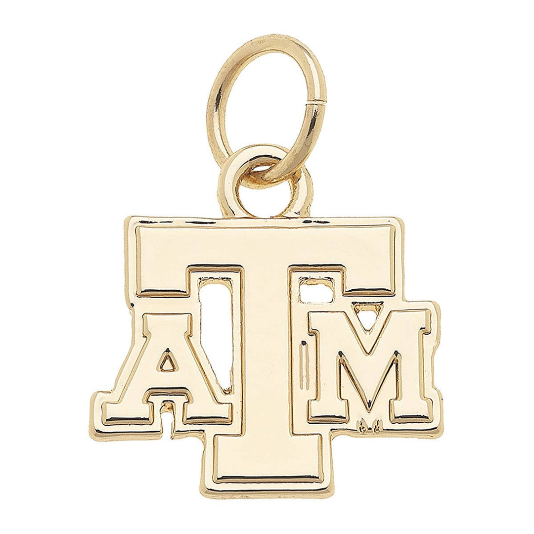 A shiny gold charm in the shape of the Texas A&M Aggies logo.