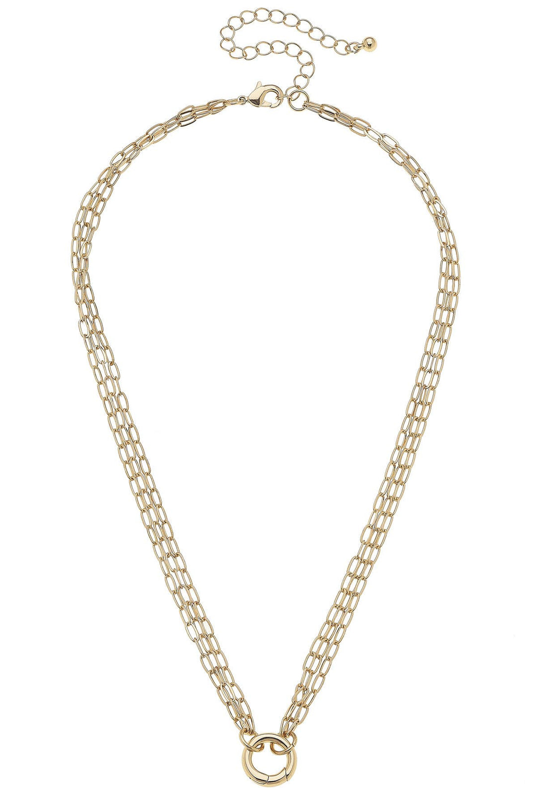 A shiny gold necklace base with three strands of a paperclip chain and a clasp closure for charms
