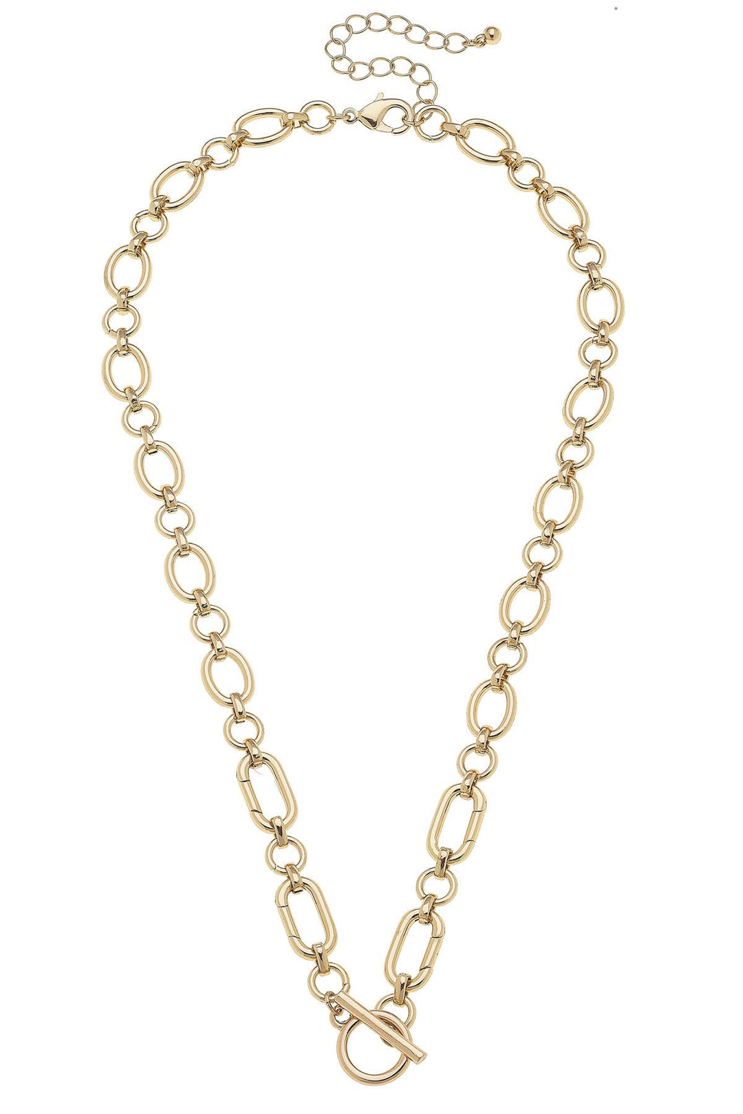 A shiny gold-plated toggle front charm necklace base with an adjustable length.