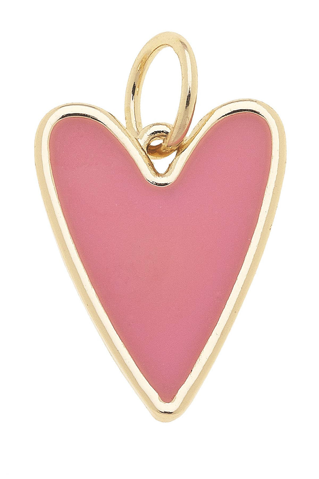 Heart-shaped enamel charm with pink center and gold outline on a white background