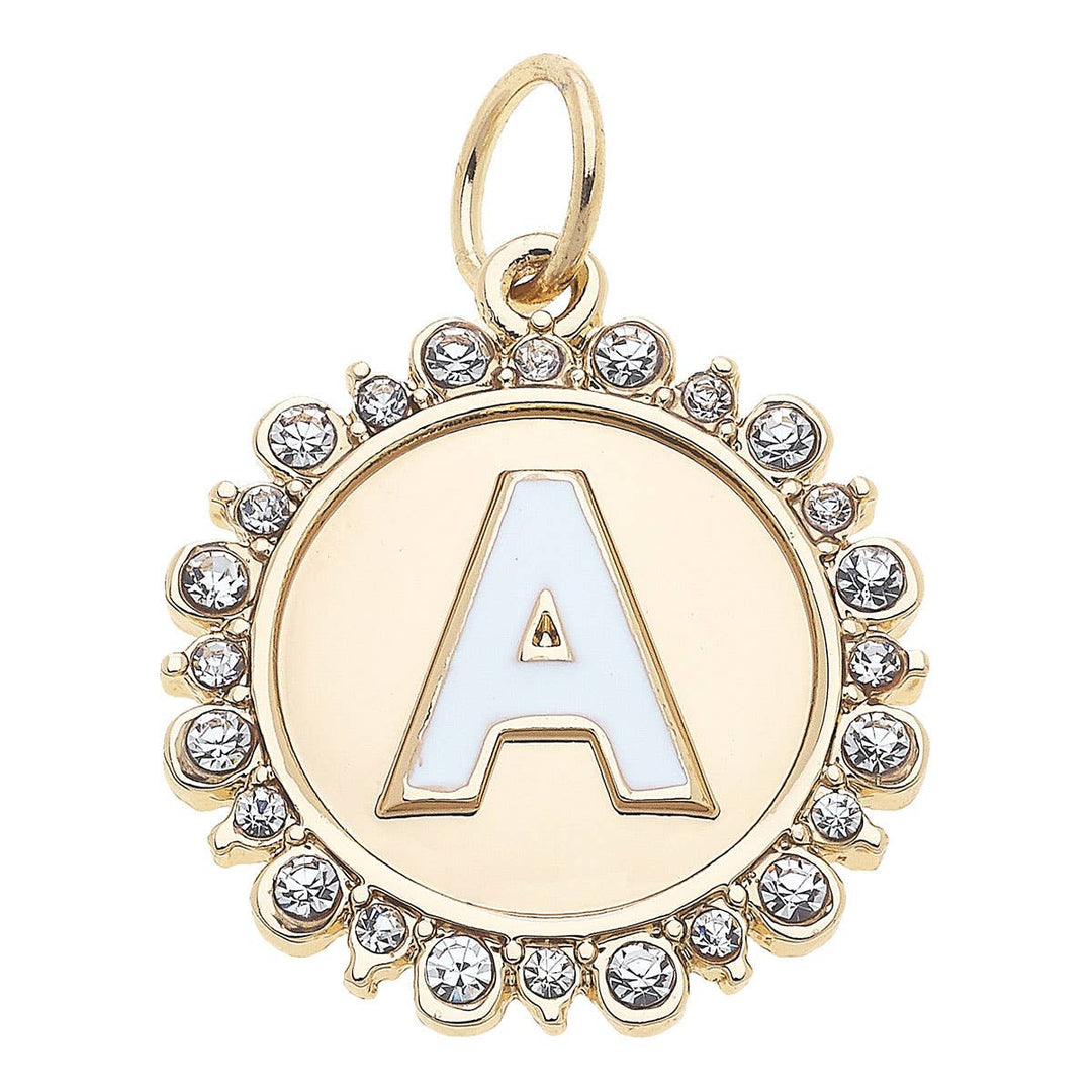 A shiny gold letter disc charm with the letter A adorned with rhinestones.