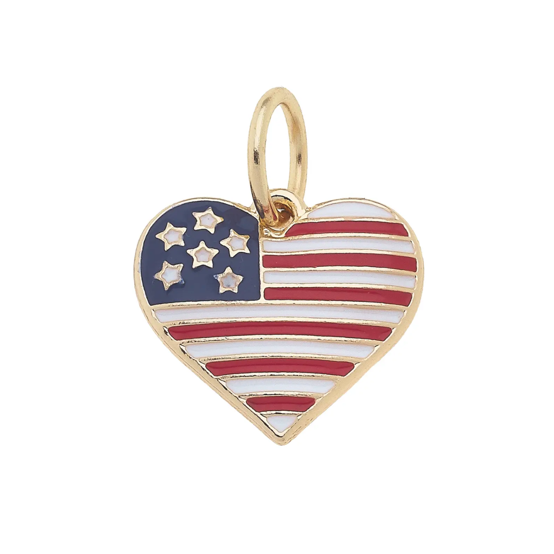 A heart-shaped charm with the American flag colors red, white, and blue, featuring a gold plating.