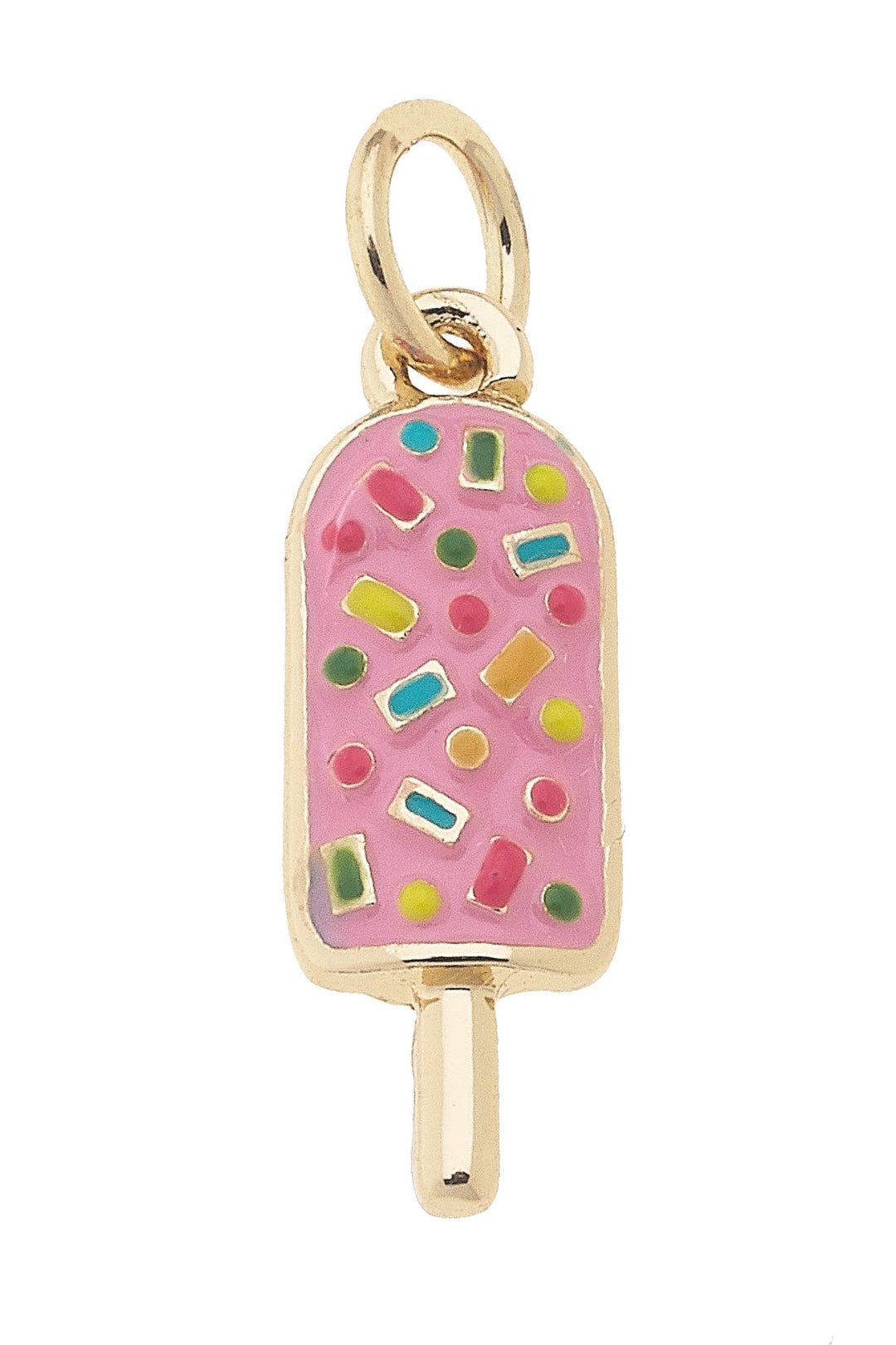 A light pink enamel popsicle charm with a gold-colored stick and sprinkles, set against a white background.