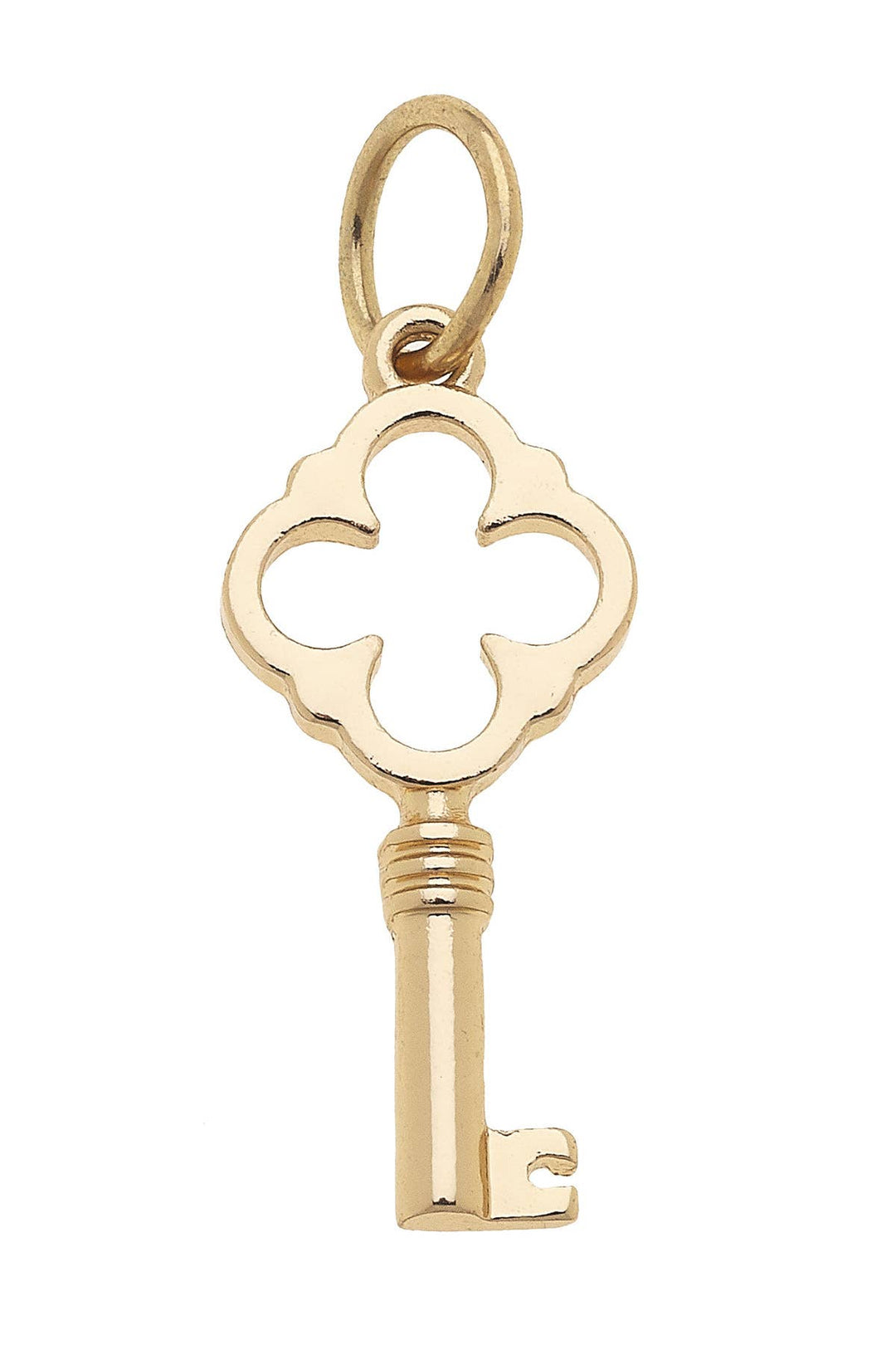 A shiny gold charm in the shape of a skeleton key with a loop for attachment at the top.