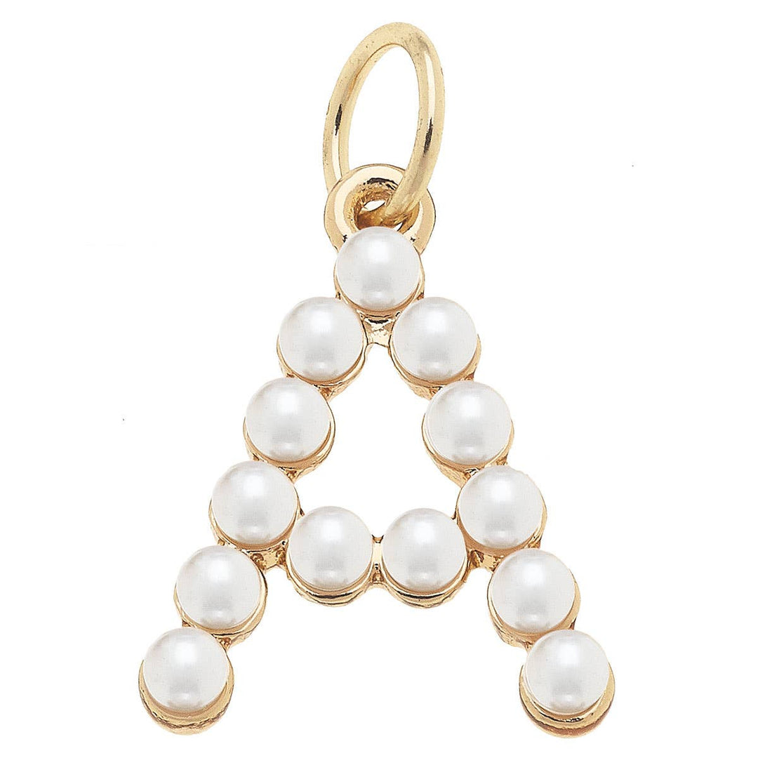 A gold-plated letter charm adorned with white pearls, shaped in the form of the letter 'A'.
