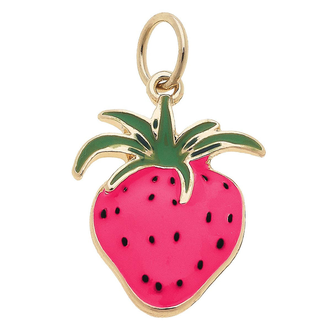 A gold-plated enamel charm in the shape of a strawberry with pink and green colors.